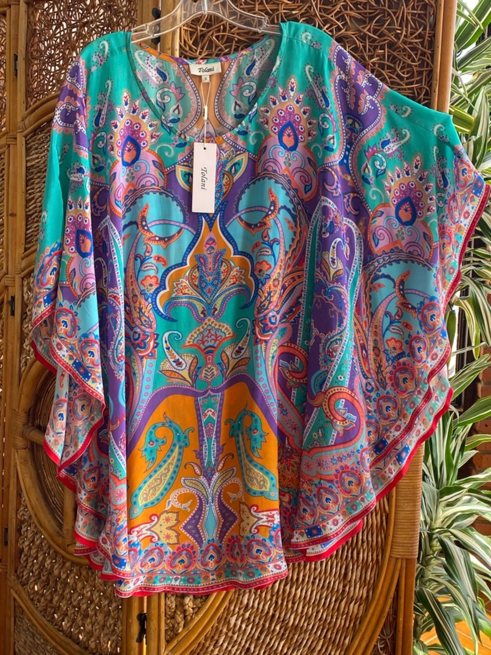 NWT Tolani Teal Turquoise & Purple Paisley Boho Tunic Cover-Up Top Blouse
